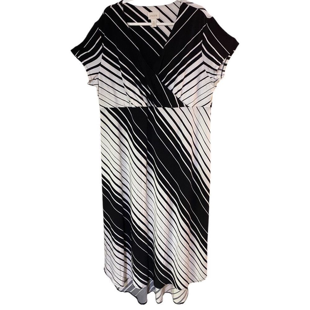 Chicos Striped Empire Waist Stretch Dress Size 4 (20) Black White Retails 129$